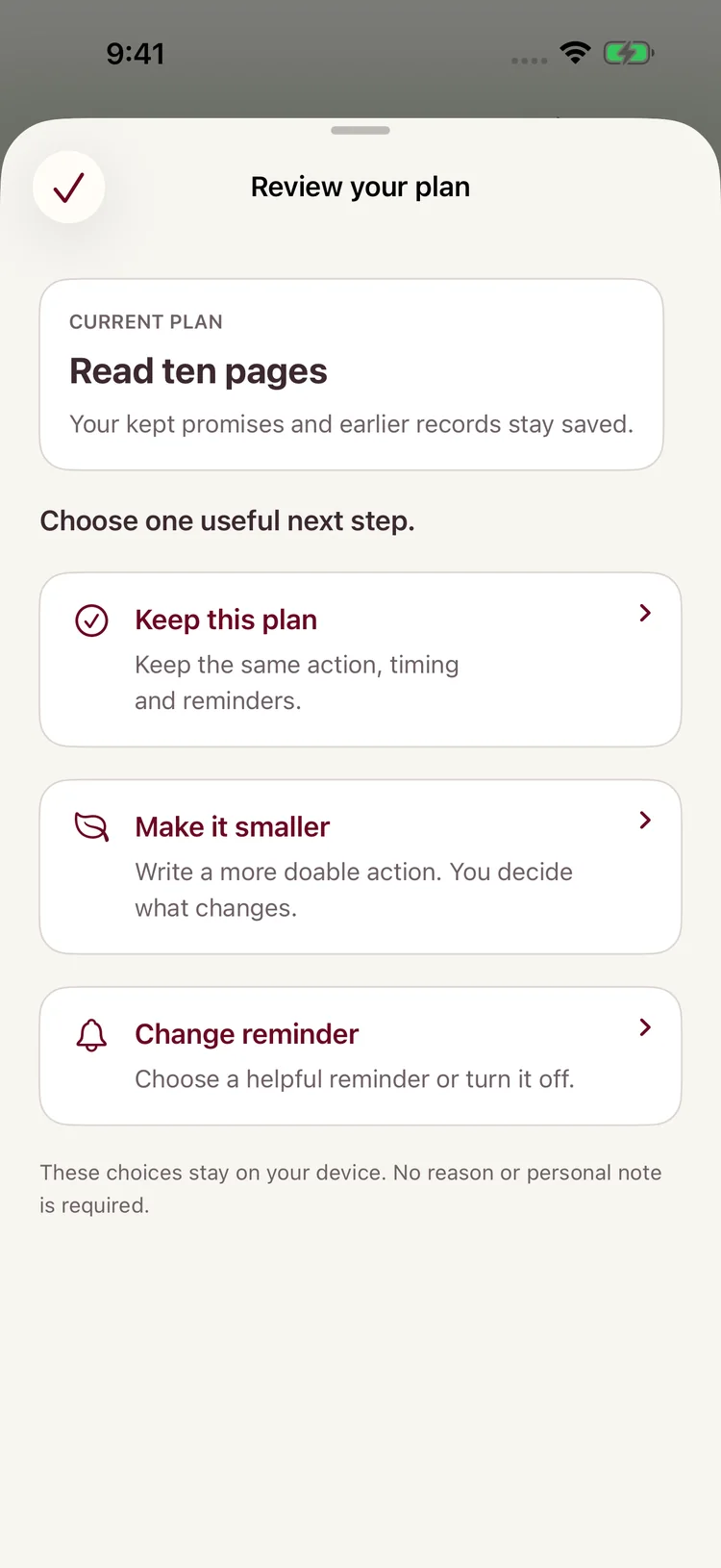 Review your plan sheet with options to keep the plan, make it smaller or change the reminder