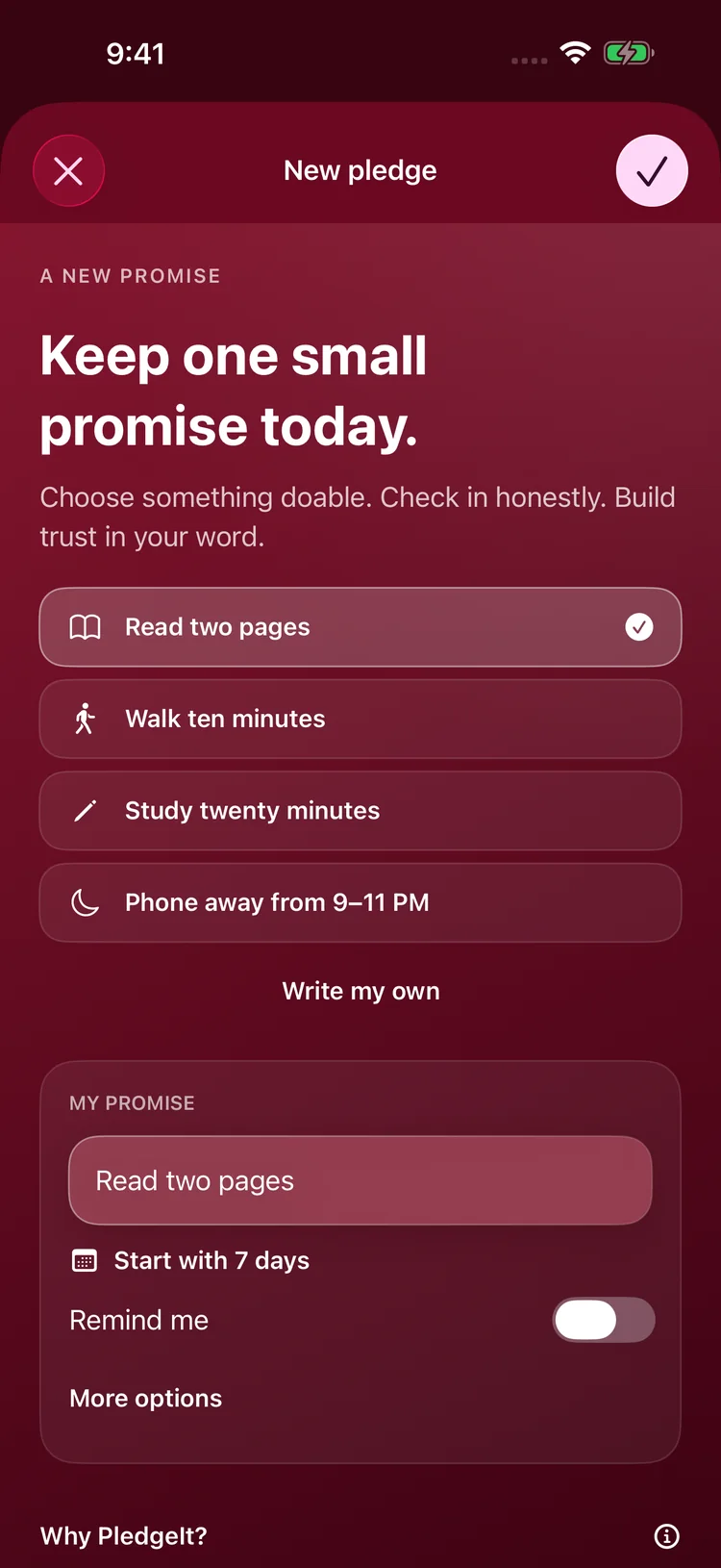 Starting a new pledge from templates such as Read two pages and Walk ten minutes