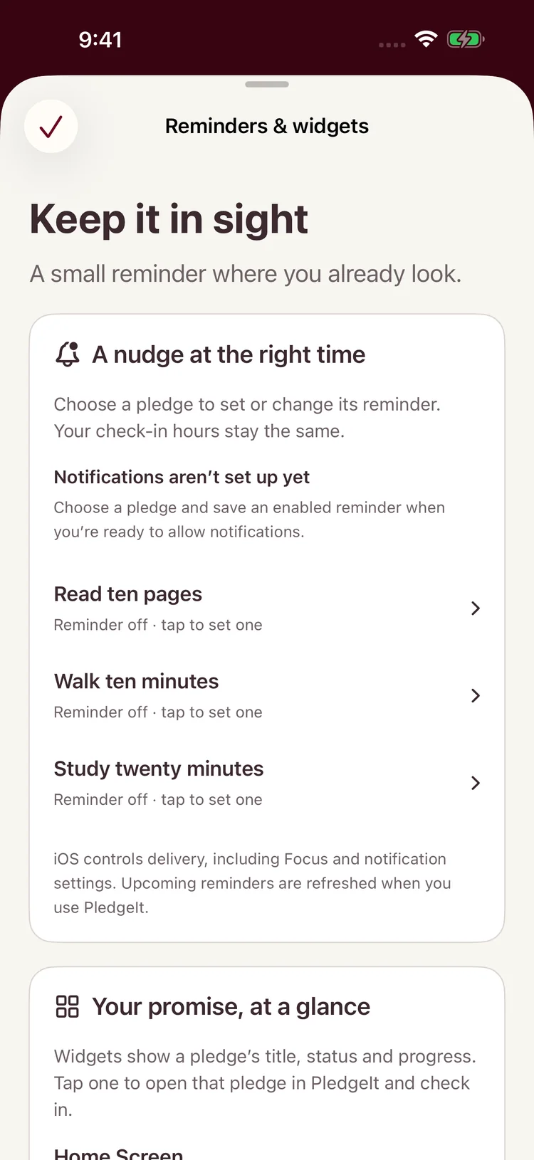 Reminders and widgets, with a reminder you can set for each pledge