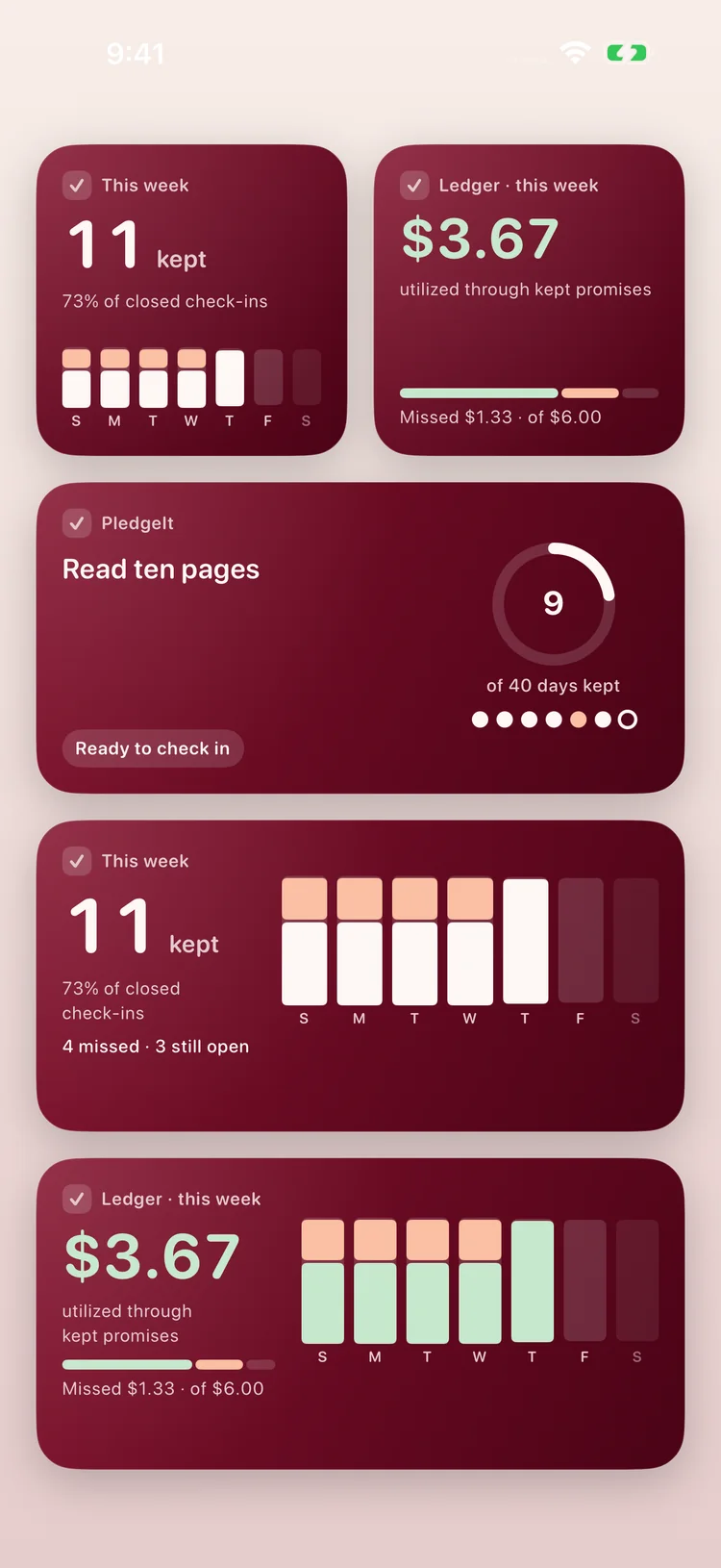 Home Screen widgets showing kept check-ins and the Ledger